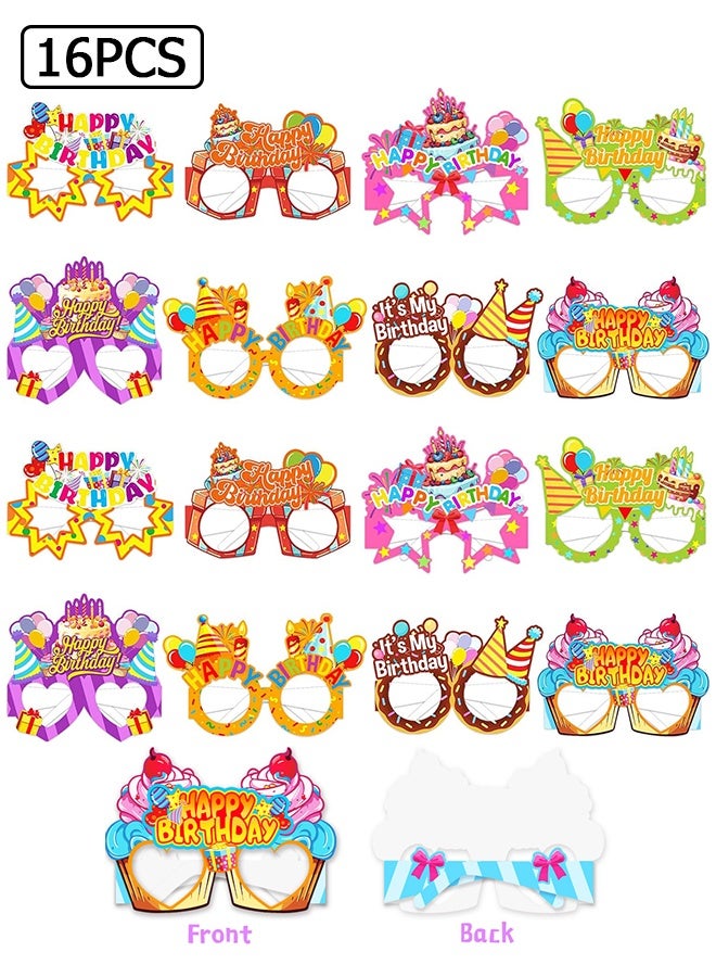 Wffo 16 PCS Happy Birthday Paper Glasses - 8 Styles - Novelty Funny Photo Booth Props, Colorful Birthday Party Glasses for Party Decorations - Image 1